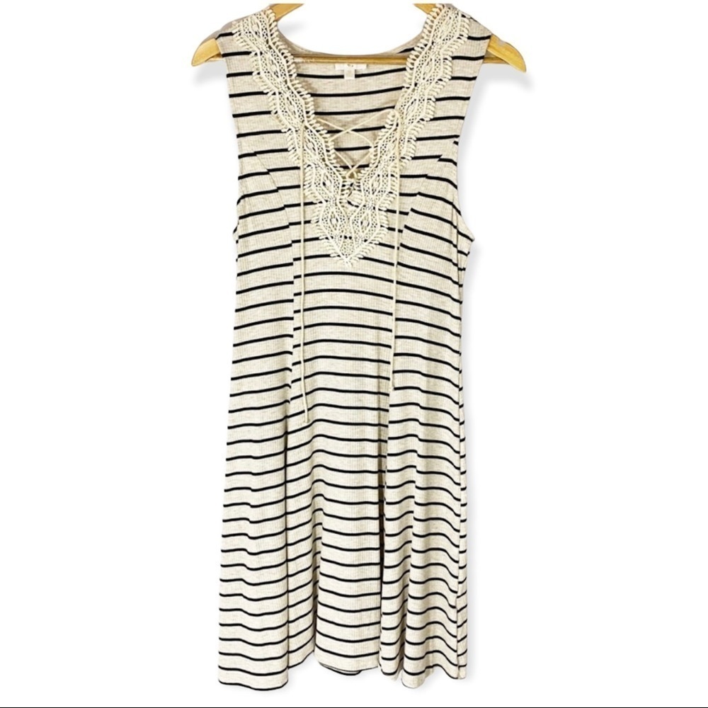 Medium Charming Charlie Cream and Black Striped Lace-Up Dress